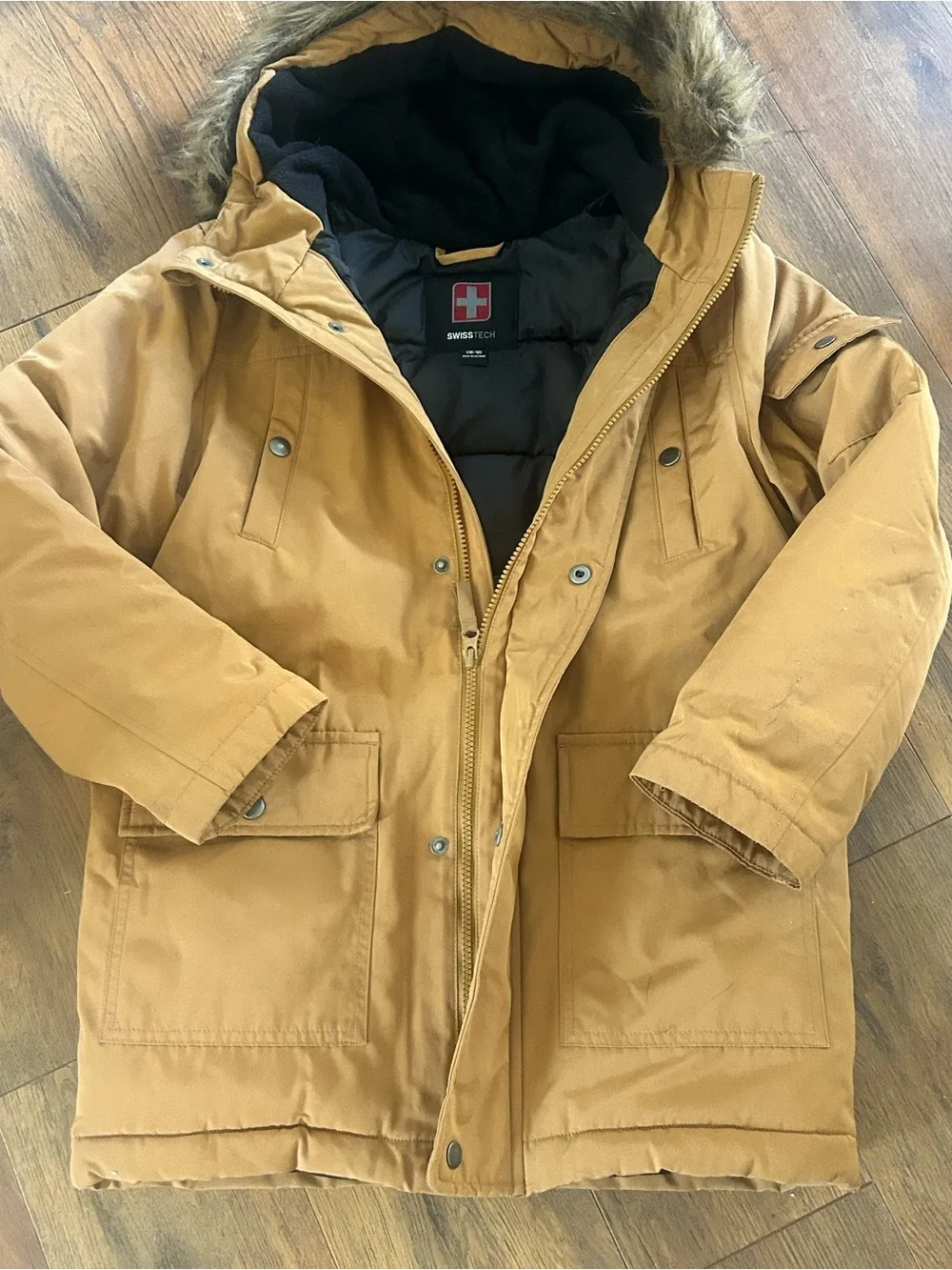 Swiss Tech Boys (L) 10/12 Mustard Brown Puffer Parka with Faux Fur Hood
